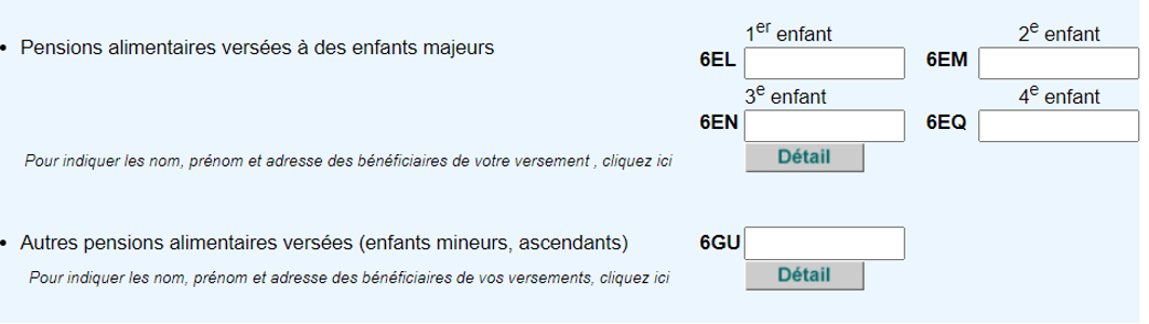 Pension alimentaire versée (cases 6GI à 6GU)